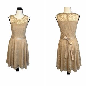 Dressy Star Sleeveless Lace Floral Print A Line Dress Tan Size Small